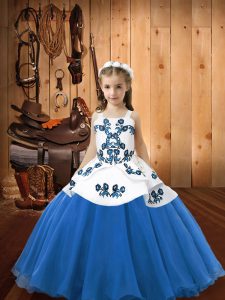 Top Selling Blue Lace Up Straps Embroidery Little Girl Pageant Dress Organza Sleeveless