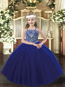 Straps Sleeveless Lace Up Girls Pageant Dresses Royal Blue Tulle