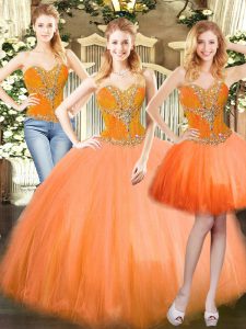Sweet Three Pieces Sweet 16 Dress Orange Red Sweetheart Tulle Sleeveless Floor Length Lace Up