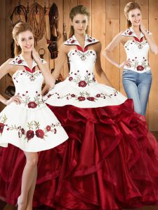 Lovely Wine Red Lace Up Halter Top Embroidery and Ruffles Sweet 16 Dresses Organza Sleeveless