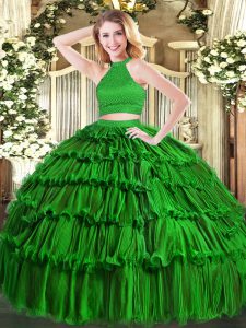 Beading and Ruffled Layers Quinceanera Gowns Green Backless Sleeveless Floor Length
