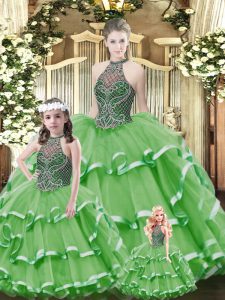 Exceptional Green Tulle Lace Up Halter Top Sleeveless Floor Length Ball Gown Prom Dress Beading and Ruffled Layers