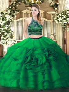 Discount Green Halter Top Zipper Beading and Ruffled Layers Quince Ball Gowns Sleeveless