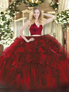 Sleeveless Organza Floor Length Zipper Sweet 16 Dress in Wine Red with Ruffles