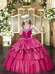 Fashionable Floor Length Hot Pink Little Girl Pageant Gowns Organza Sleeveless Beading and Ruffled Layers