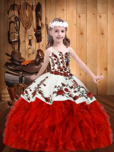 Latest Organza Straps Sleeveless Lace Up Embroidery and Ruffles Glitz Pageant Dress in Red