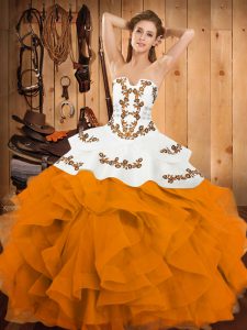 Pretty Gold Satin and Organza Lace Up Vestidos de Quinceanera Sleeveless Floor Length Embroidery and Ruffles