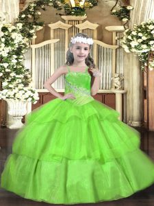 Lace Up Glitz Pageant Dress Beading and Ruffled Layers Sleeveless Floor Length