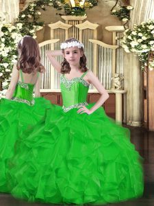 New Style Green Ball Gowns Organza Straps Sleeveless Beading and Ruffles Floor Length Lace Up Little Girls Pageant Gowns