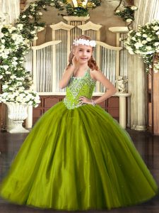 Beautiful Beading Pageant Dress for Teens Olive Green Lace Up Sleeveless Floor Length