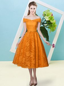 Pretty Lace Off The Shoulder Cap Sleeves Lace Up Bowknot Quinceanera Court of Honor Dress in Orange Red