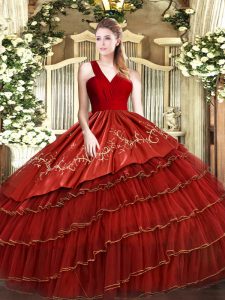 Ideal V-neck Sleeveless Satin and Organza Quinceanera Gown Embroidery and Ruffled Layers Zipper