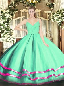 Apple Green Ball Gowns Spaghetti Straps Sleeveless Organza Floor Length Zipper Ruffled Layers Vestidos de Quinceanera