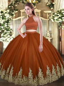 Extravagant Rust Red Backless Halter Top Beading and Appliques Ball Gown Prom Dress Tulle Sleeveless