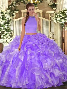 Most Popular Lavender Halter Top Neckline Beading and Ruffles Quinceanera Dresses Sleeveless Backless