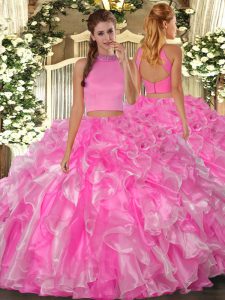 Discount Sleeveless Floor Length Beading and Ruffles Backless Quinceanera Dresses with Rose Pink