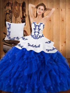 Lovely Floor Length Blue And White Sweet 16 Dress Strapless Sleeveless Lace Up