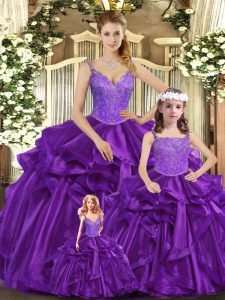 Hot Sale Purple Straps Neckline Beading and Ruffles Quinceanera Dress Sleeveless Lace Up