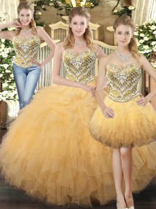 Floor Length Lace Up Quince Ball Gowns Gold for Military Ball and Sweet 16 and Quinceanera with Beading and Ruffles