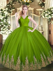 Olive Green 15th Birthday Dress Military Ball and Sweet 16 and Quinceanera with Appliques V-neck Sleeveless Zipper