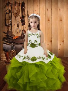 Excellent Embroidery and Ruffles Pageant Dress for Girls Olive Green Lace Up Sleeveless Floor Length