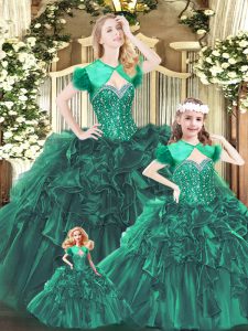 Sweetheart Sleeveless Lace Up Quince Ball Gowns Green Organza