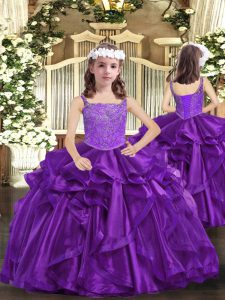 Eggplant Purple and Purple Organza Lace Up Straps Sleeveless Floor Length Little Girls Pageant Dress Beading