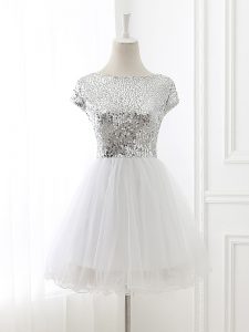 White Tulle Zipper Damas Dress Cap Sleeves Mini Length Sequins