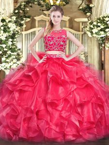 Latest Scoop Sleeveless Quinceanera Gown Floor Length Beading and Ruffles Red Tulle