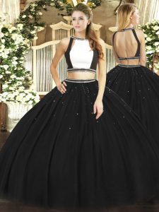 Exceptional Black Two Pieces Tulle Halter Top Sleeveless Ruching Floor Length Backless Quinceanera Dress