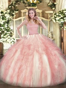 Stylish Pink Straps Zipper Beading and Ruffles Vestidos de Quinceanera Sleeveless