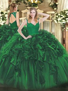 Dark Green Organza Backless Quinceanera Gown Sleeveless Floor Length Beading and Lace and Ruffles