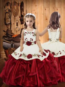 Cute Wine Red Ball Gowns Straps Sleeveless Organza Floor Length Lace Up Embroidery and Ruffles Pageant Dress Wholesale