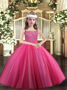 Hot Pink Straps Neckline Beading Kids Formal Wear Sleeveless Lace Up