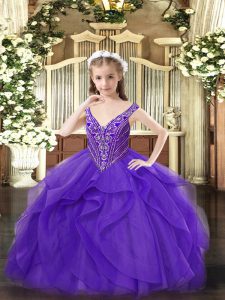 Fashion Sleeveless Tulle Floor Length Zipper Kids Formal Wear in Eggplant Purple with Beading and Ruffles