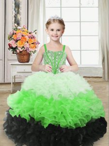 Beading and Ruffles Child Pageant Dress Multi-color Lace Up Sleeveless Floor Length