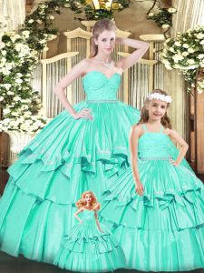 Sleeveless Organza Floor Length Zipper Sweet 16 Dresses in Turquoise with Ruffles