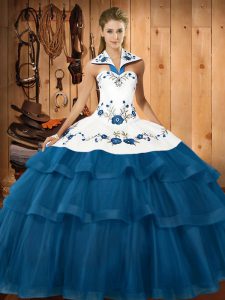 Luxurious Blue Halter Top Lace Up Embroidery and Ruffled Layers Vestidos de Quinceanera Sweep Train Sleeveless