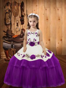 Embroidery and Ruffled Layers Little Girl Pageant Dress Purple Lace Up Sleeveless Floor Length