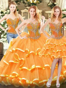 Custom Made Orange Red Three Pieces Organza Sweetheart Sleeveless Beading and Ruffled Layers Floor Length Lace Up Sweet 16 Dresses