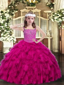 Trendy Fuchsia Ball Gowns Straps Sleeveless Organza Floor Length Lace Up Beading and Ruffles Pageant Dress Toddler