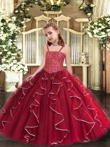 Custom Fit Red Ball Gowns Tulle Straps Sleeveless Beading and Ruffles Floor Length Lace Up Girls Pageant Dresses