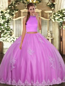 Clearance Lilac Sleeveless Floor Length Beading and Appliques Backless Quince Ball Gowns