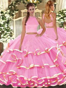 Sleeveless Organza Floor Length Backless Sweet 16 Dress in Rose Pink with Beading and Ruffled Layers