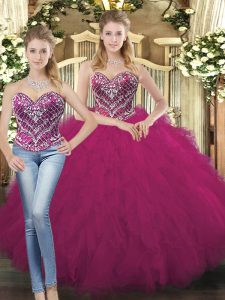 Cute Fuchsia Sleeveless Organza Lace Up Sweet 16 Dress for Military Ball and Sweet 16 and Quinceanera