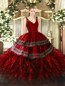 Best Wine Red V-neck Zipper Beading and Appliques and Ruffles 15 Quinceanera Dress Sleeveless