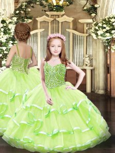 Custom Design Ball Gowns Kids Formal Wear Yellow Green Straps Organza Sleeveless Floor Length Lace Up