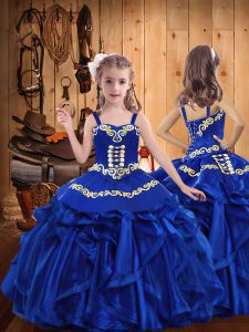 Floor Length Ball Gowns Sleeveless Royal Blue Pageant Gowns Lace Up