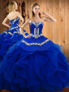 Dazzling Blue Ball Gowns Embroidery and Ruffles Quince Ball Gowns Lace Up Organza Sleeveless Floor Length