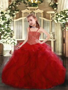 Popular Sleeveless Floor Length Beading and Ruffles Lace Up Pageant Dress with Red